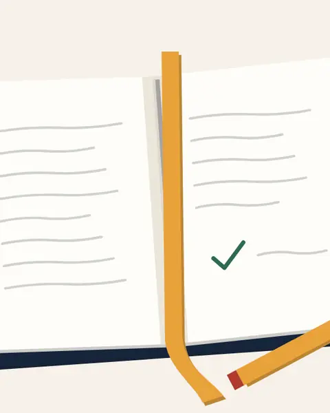 An open notebook with a yellow ribbon and a pencil.
